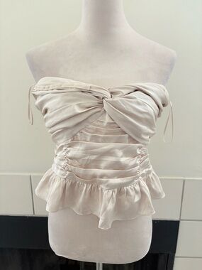 Express Cream Strapless Ruched Peplum Top